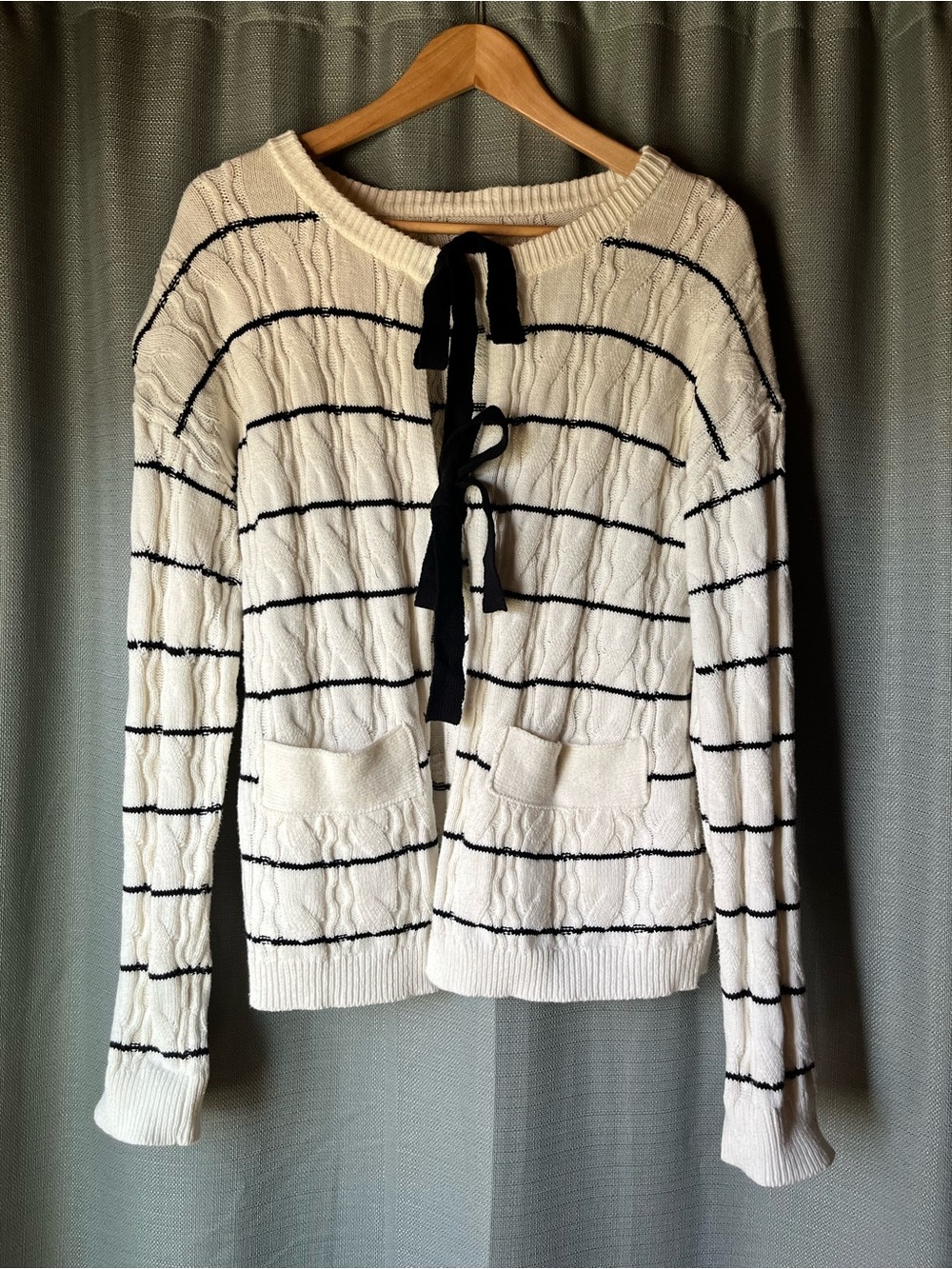 White Cable Knit Cardigan with Black Stripes and Tie
